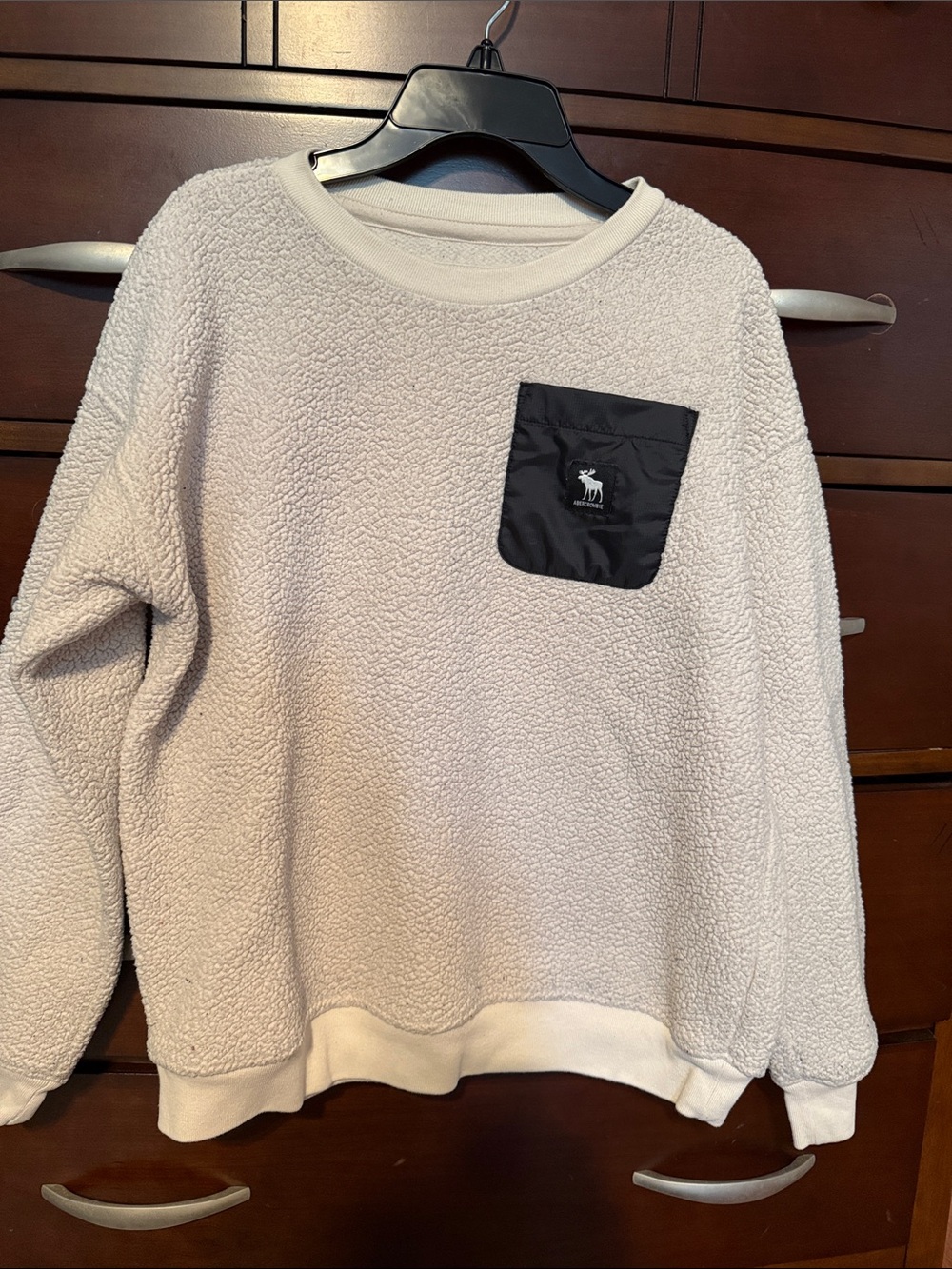 abercrombie kids Cream Sherpa Crewneck with Black Chest Pocket